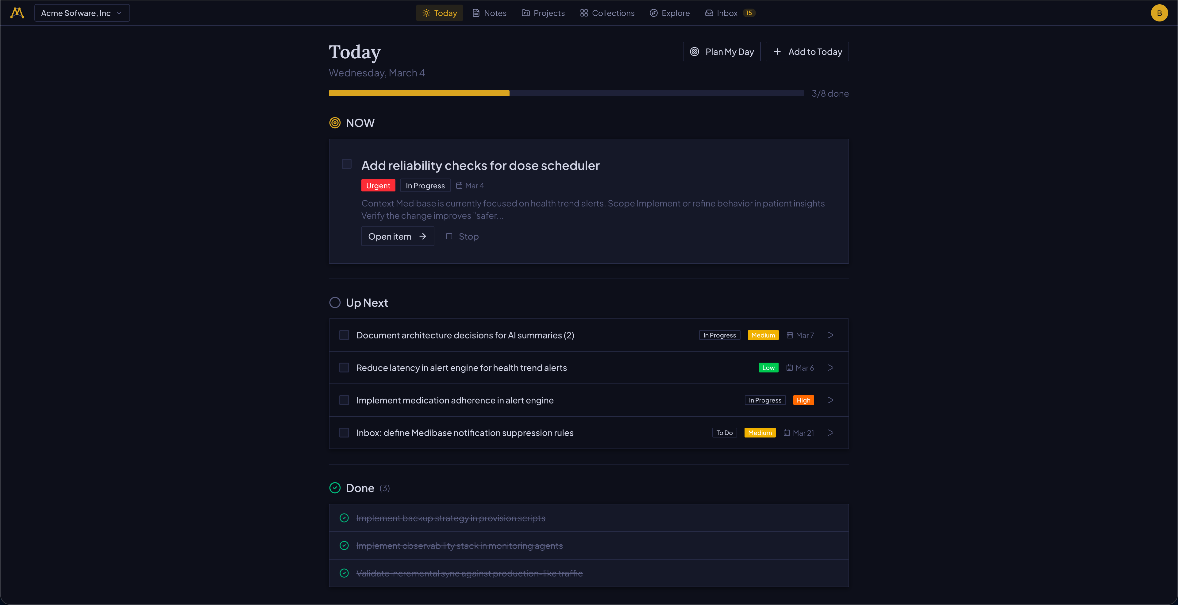 Memrik Today view — daily planning with clear priorities